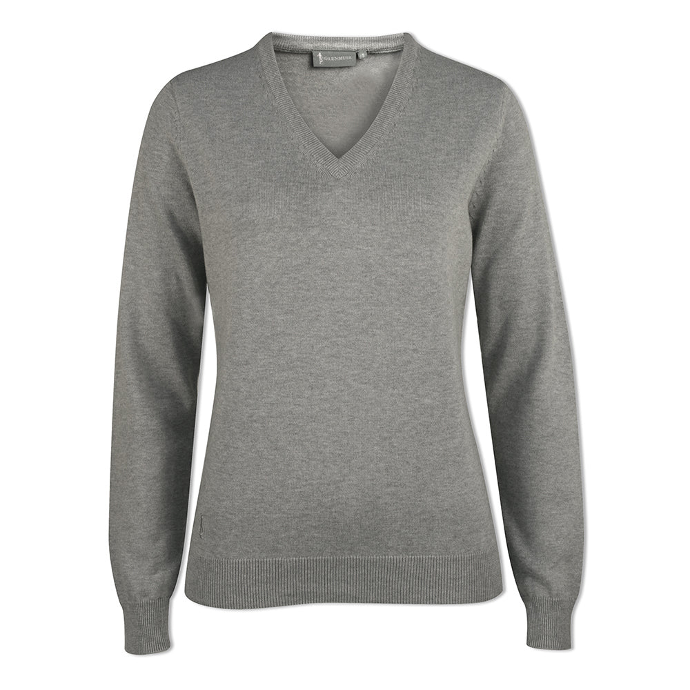 Glenmuir Ladies 100% Cotton V-Neck Sweater in Light Grey Marl