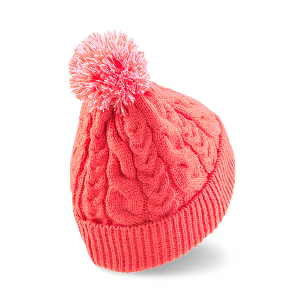 Puma Ladies Cable Knit Pompom Beanie in Carnation Pink & Bright White