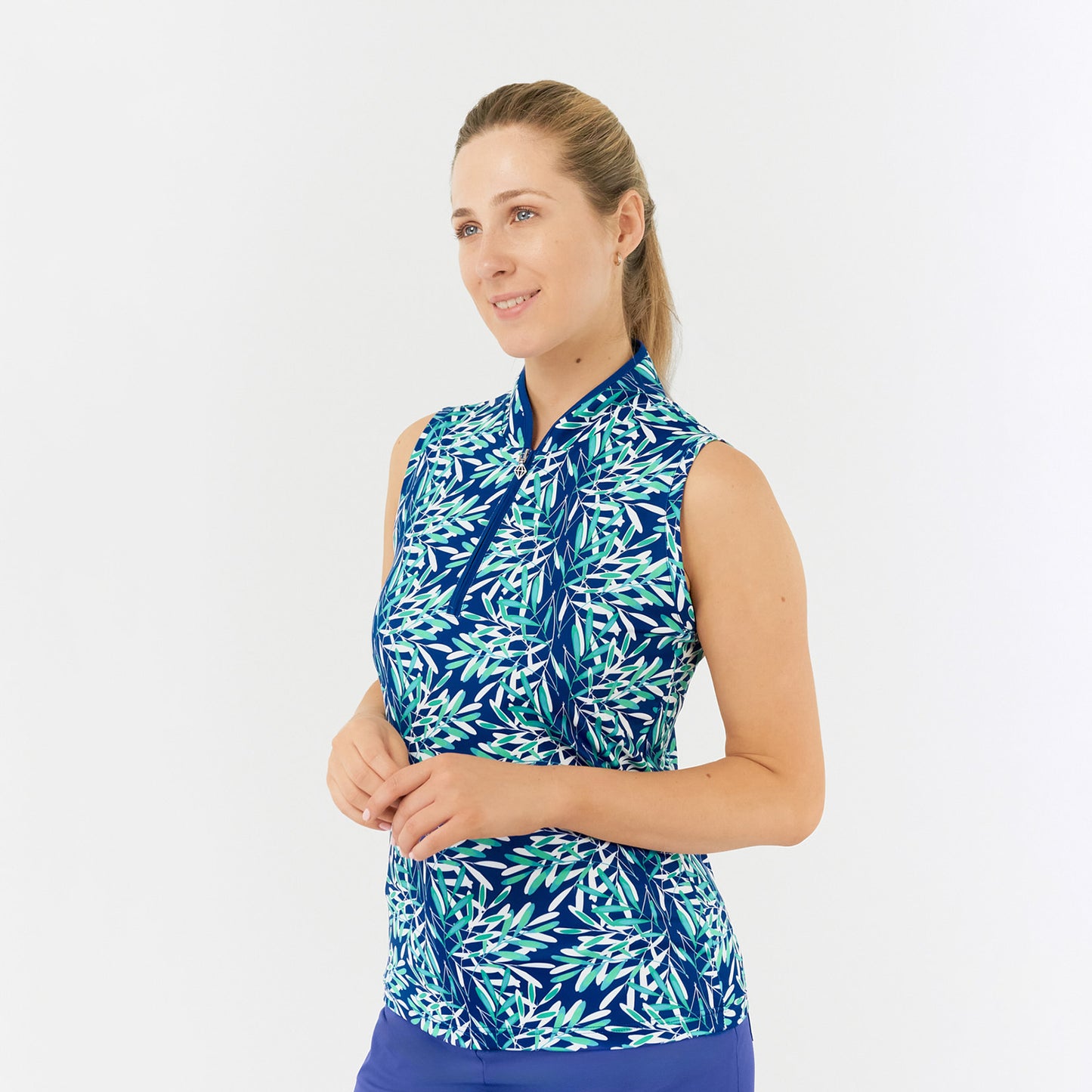 Pure Golf Ladies Sleeveless Polo in Palm Print Design 