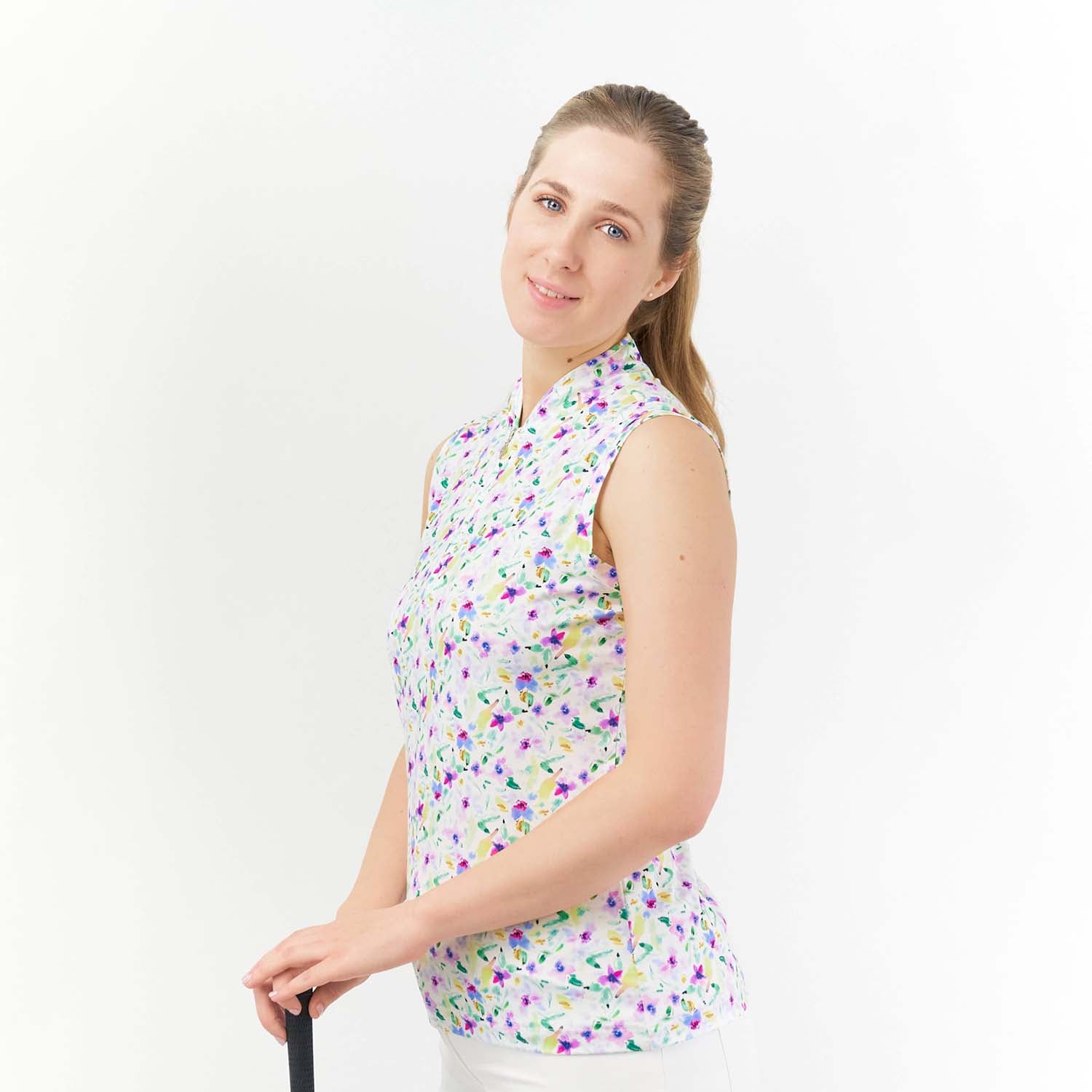 Pure Ladies Sleeveless Zip Neck Golf Top in Ethereal Bouquet Print