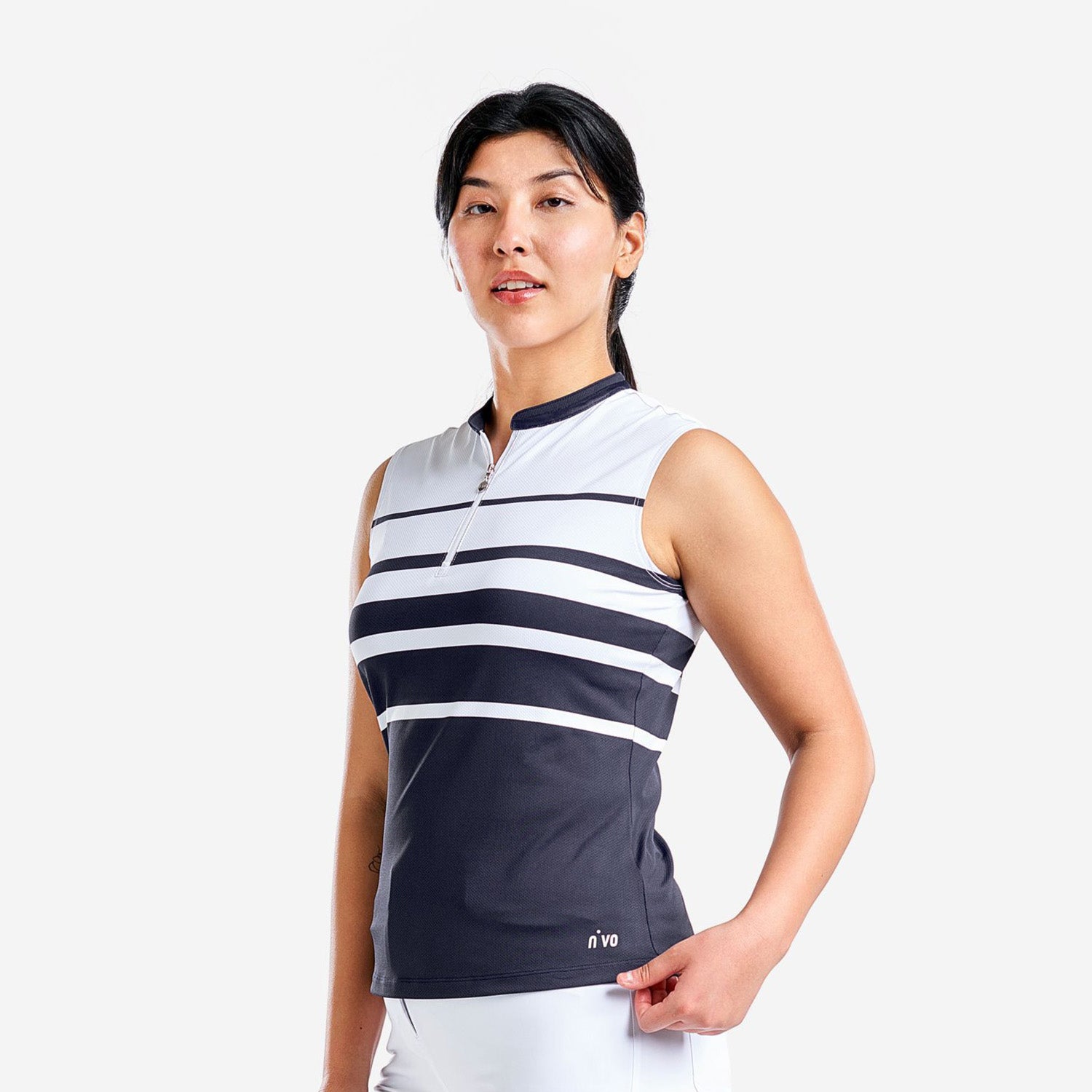 Nivo Women's Sleeveless Polo in White & Navy Stripes