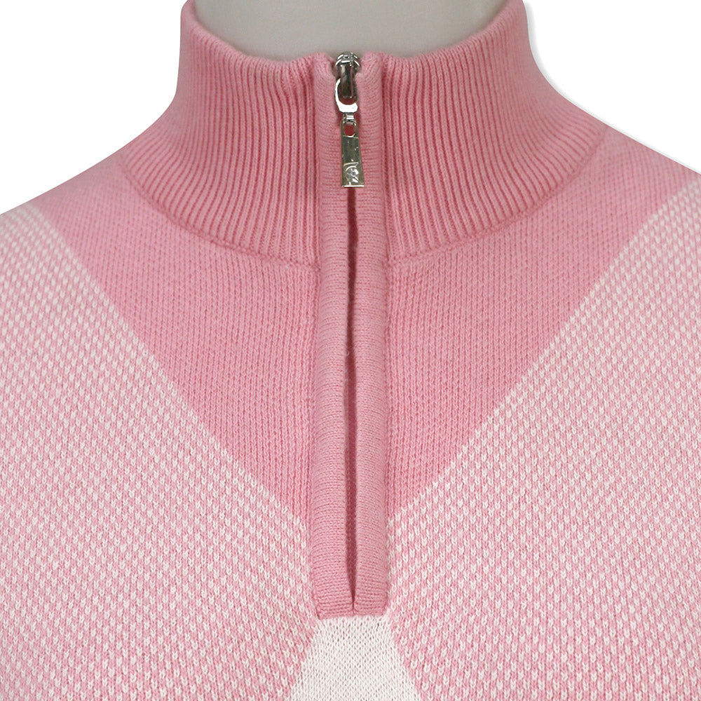 Diamond Argyle Zip-Neck Sweater with Cashmere in Candy & White