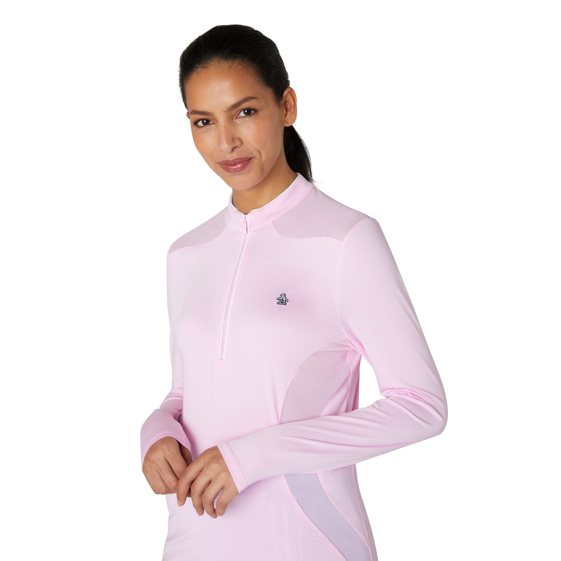 Original Penguin Women's Zip-Neck Top with Mesh Panels in Gelato Pink