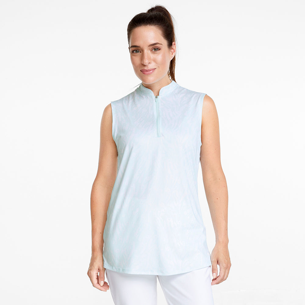 Puma Ladies Cloudspun Animal Print Sleeveless Polo in Soothing Sea & Bright White