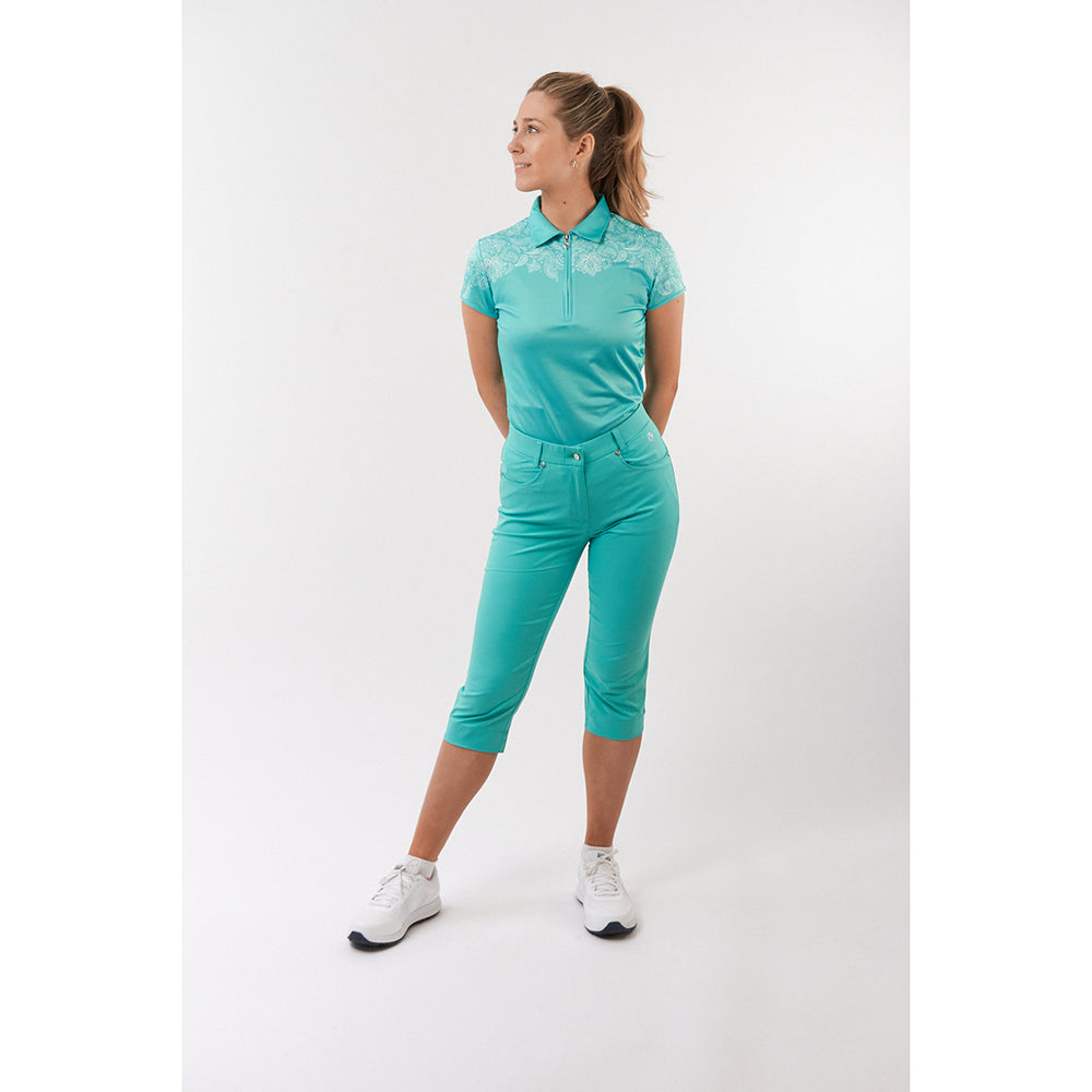 Pure Golf Ladies Cap Sleeve Zip-Neck Polo in Ocean Blue & Paisley Print