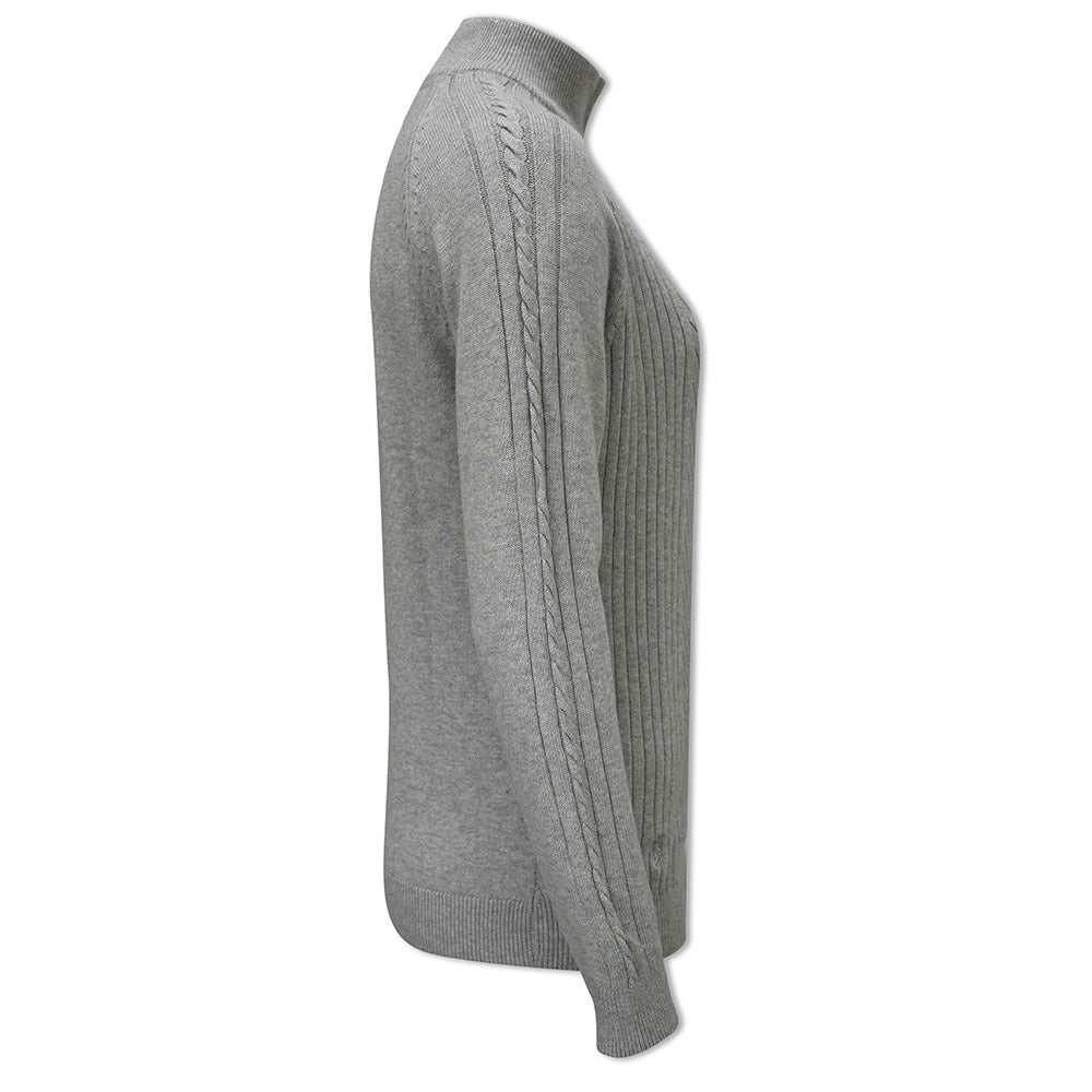 Glenmuir Ladies Rib & Cable Design Zip-Neck Sweater with Cashmere in Light Grey Marl