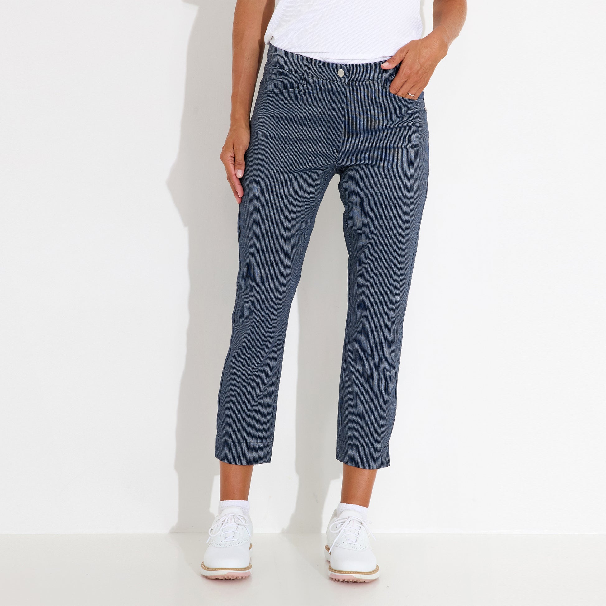 Abacus Ladies 7/8 Navy Pinstripe Trousers - Effortless Style & Performance