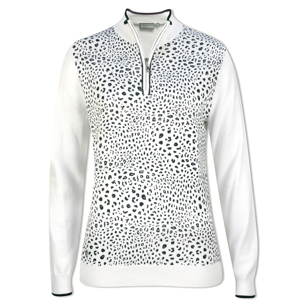 Glenmuir Ladies Long Sleeve Cotton Sweater with Animal Print Detail in White/Navy