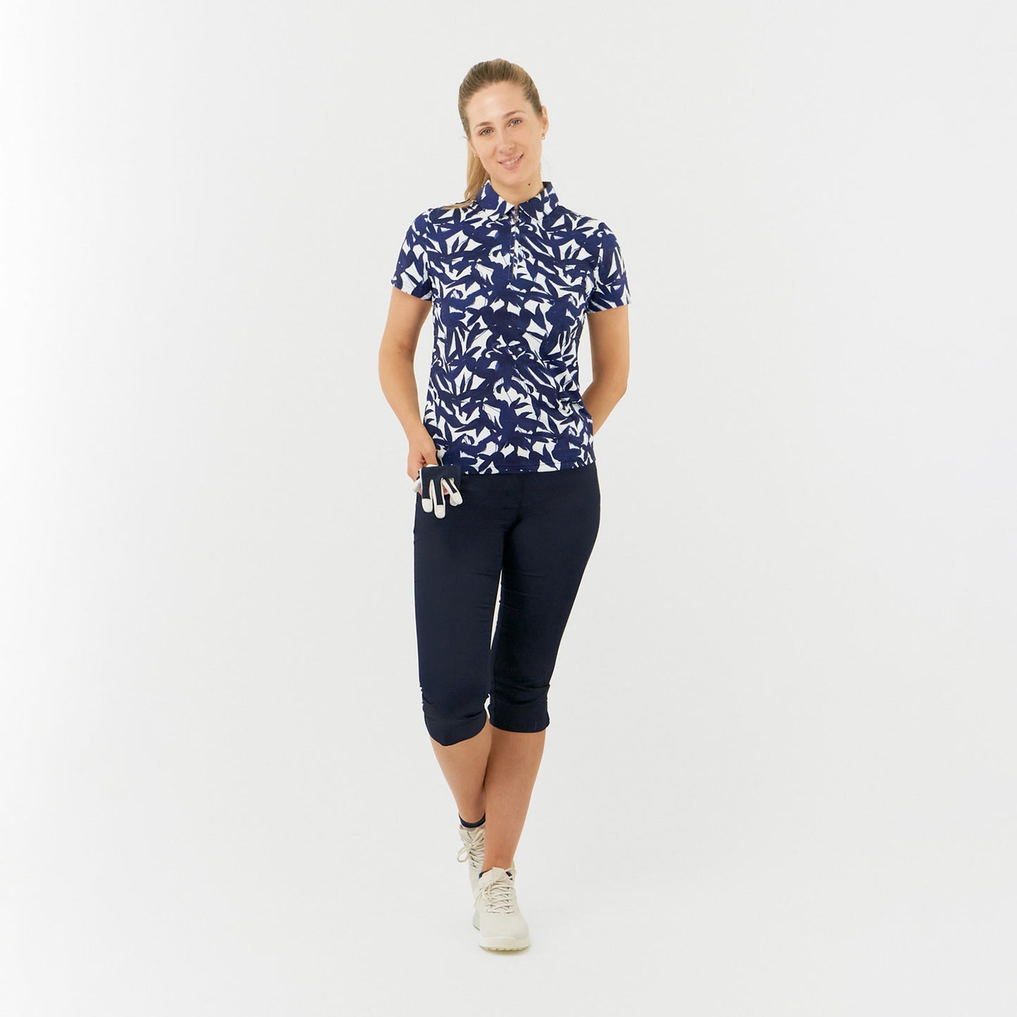 Pure Golf Ladies Short Sleeve Polo in Botanical Navy Print