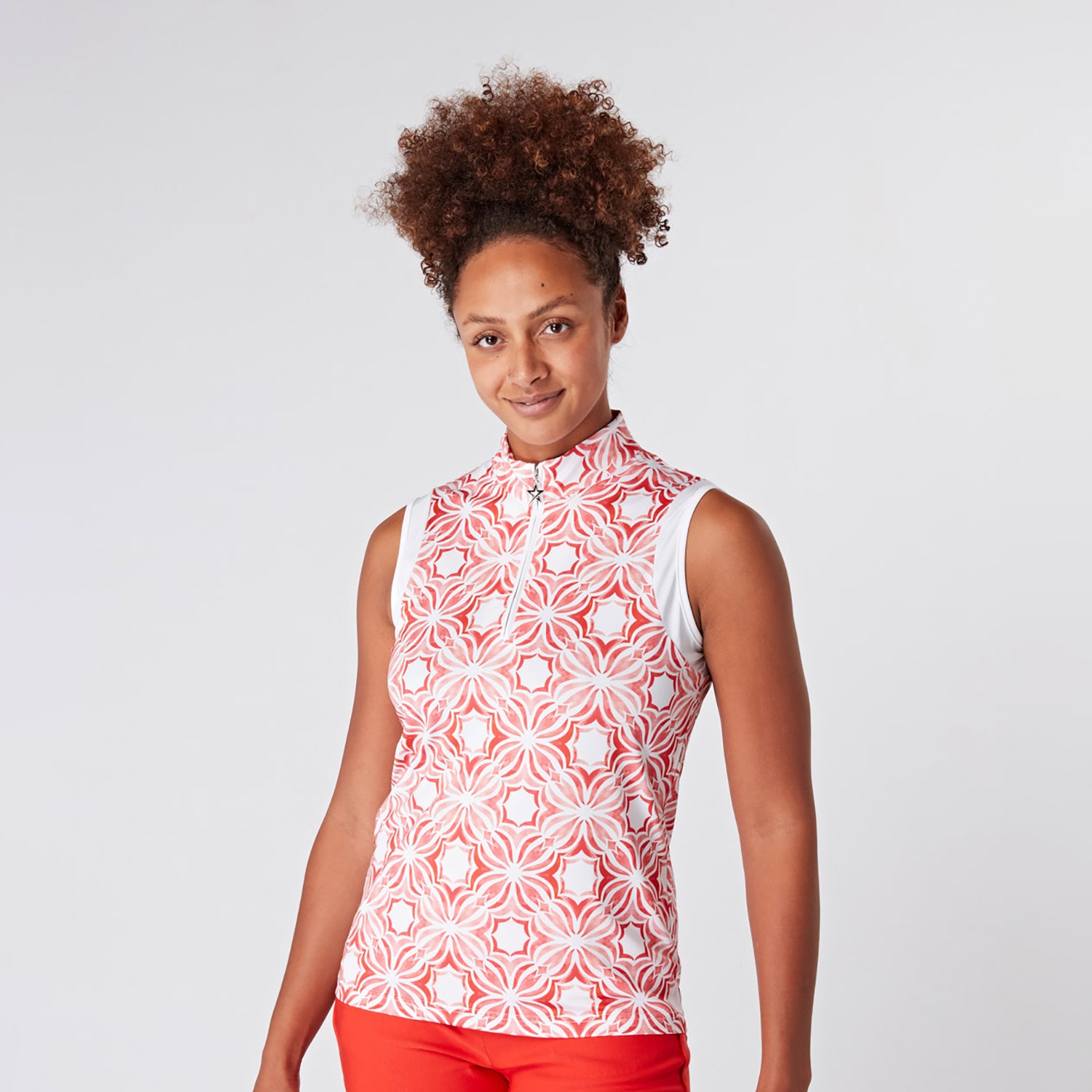 Swing Out Sister Ladies Sleeveless Print Polo with Zip-neck in Code Red