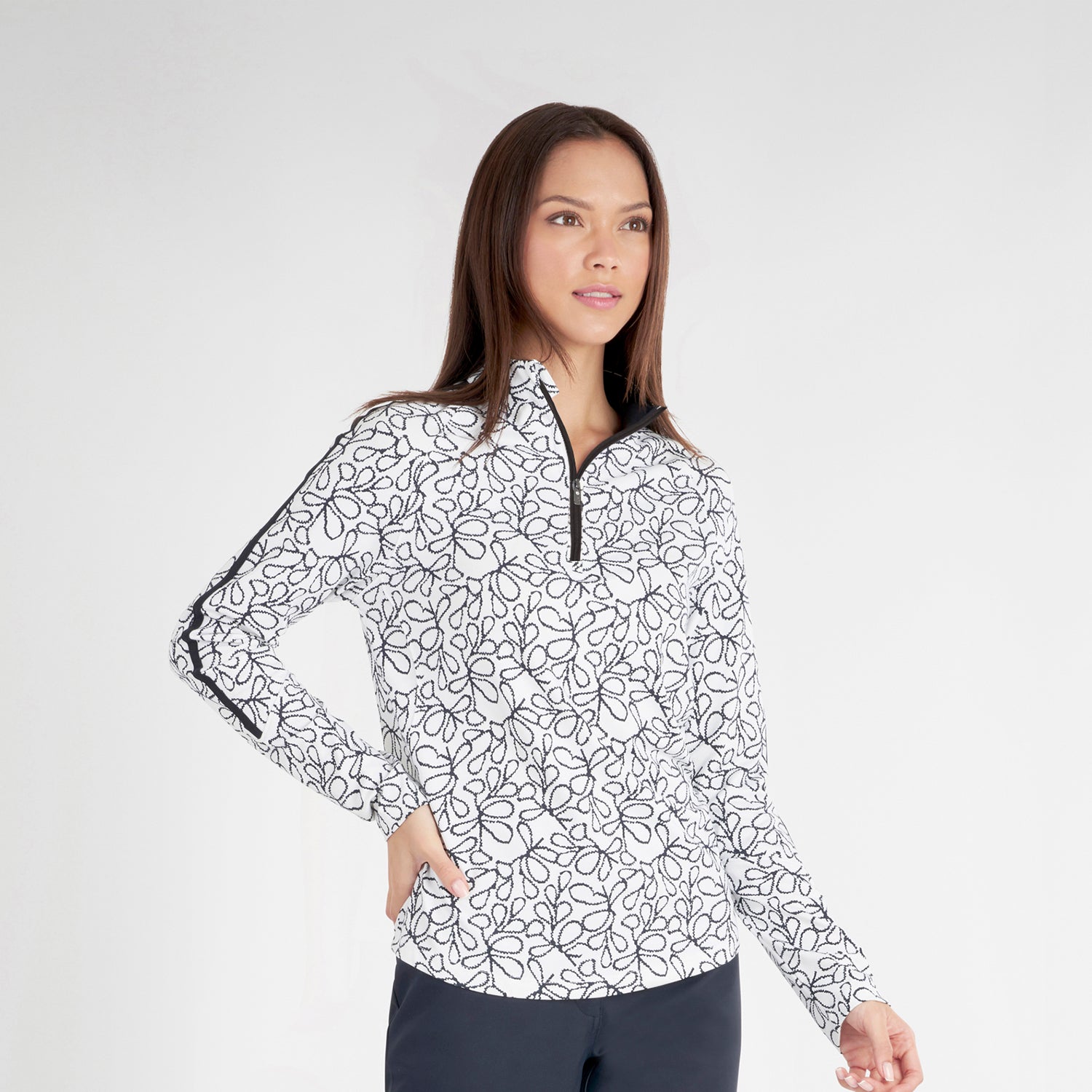 Green Lamb Ladies Zip Neck Bamboo Blend Floral Print Top in White and Navy