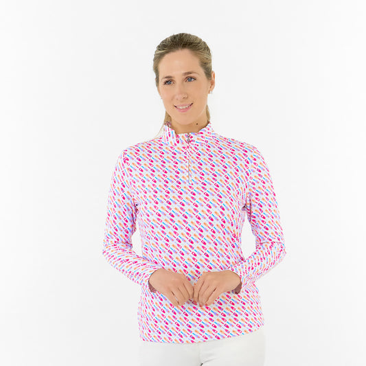 Pure Ladies Long Sleeve Top in Fun Bottle Print for Playful Style & All-Day Comfort