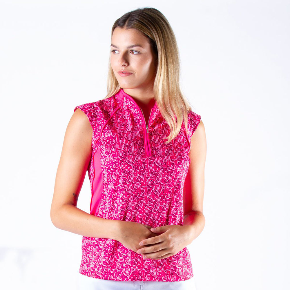 Nivo Ladies Dotty Print Sleeveless Zip Polo in Berry Punch