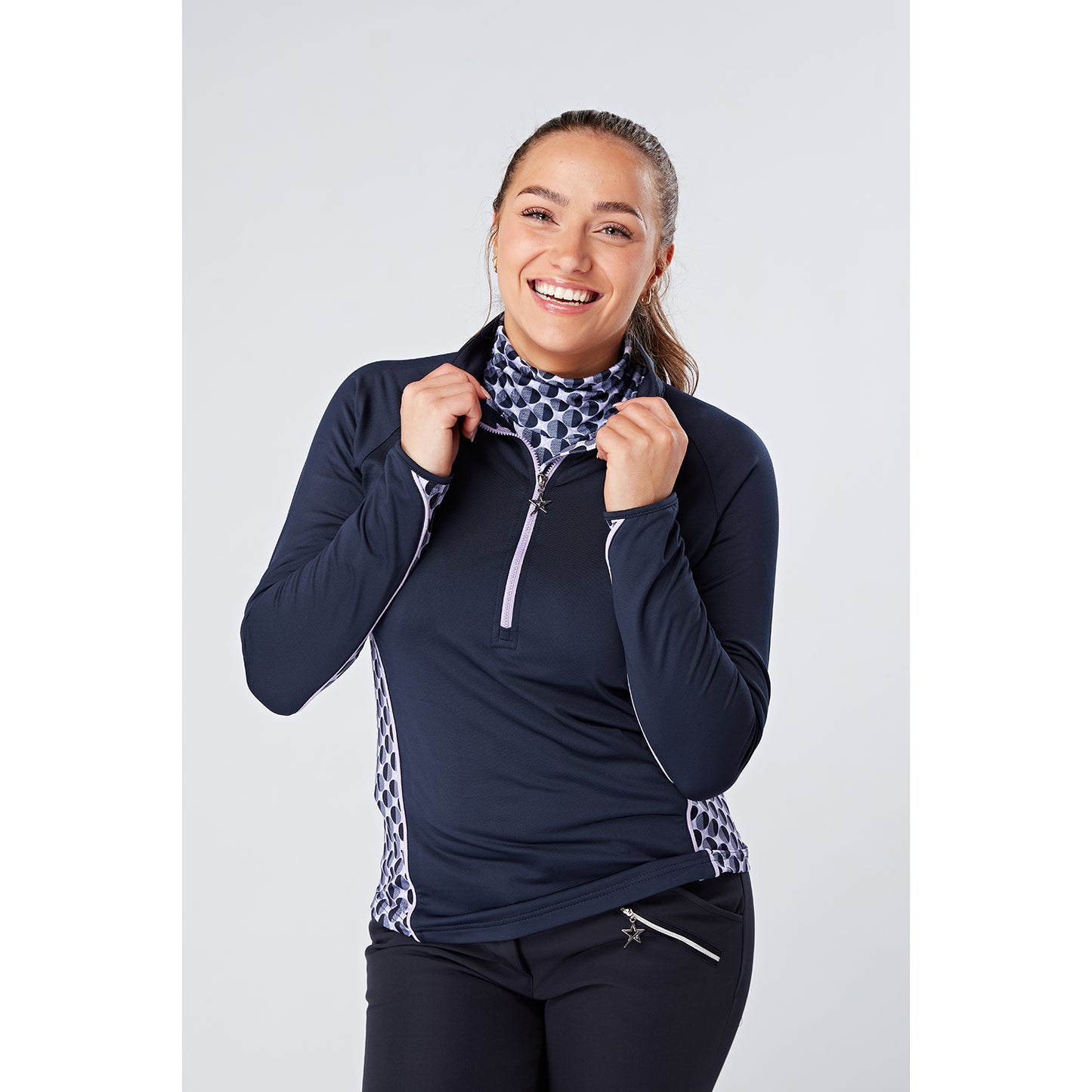 Swing Out Sister Ladies 1/4 Zip Top with Circular Pattern in Navy/Lavender