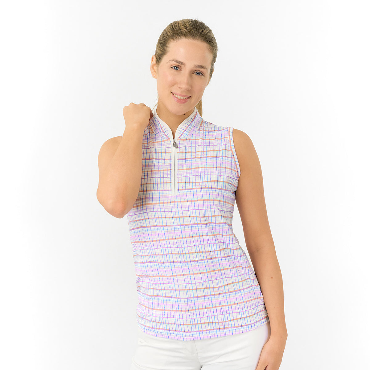 Pure Golf Ladies Sleeveless Polo Shirt in Pastel Check Print