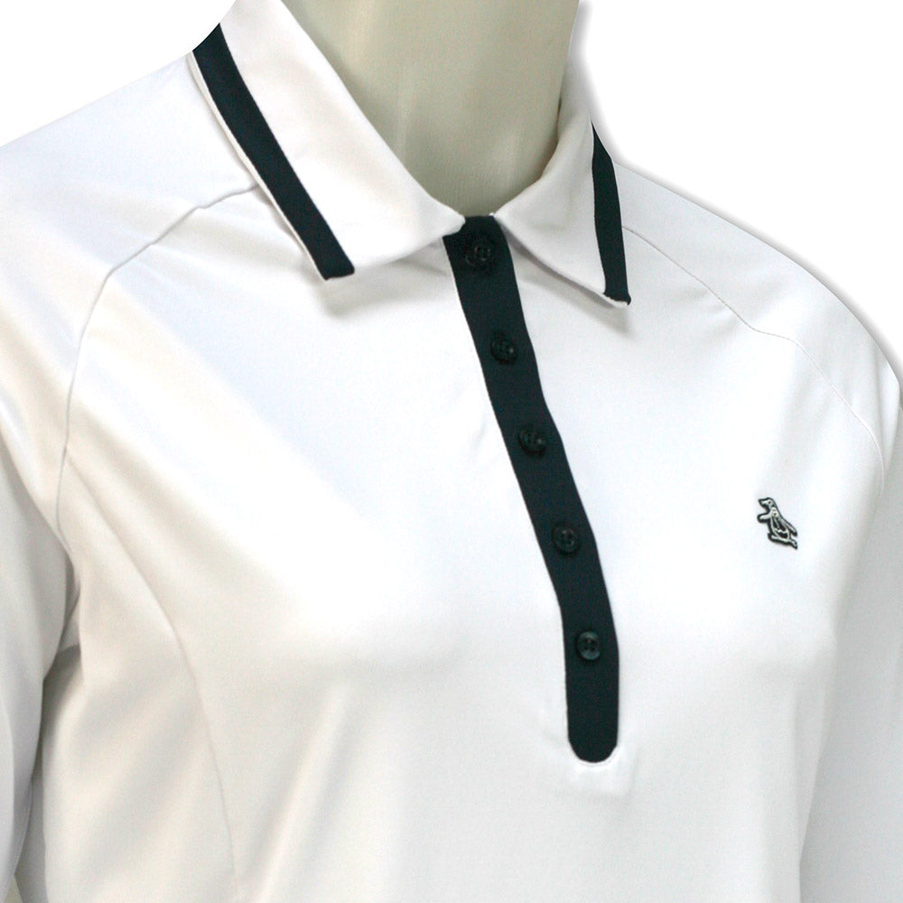 Original Penguin Ladies Long Sleeve Polo with Contrast Hem in Bright White