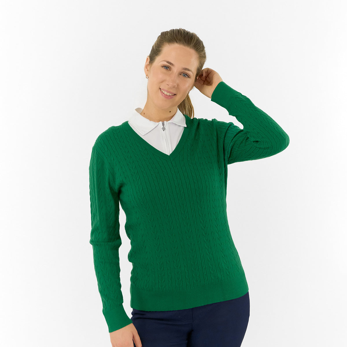 Pure Ladies Cable Knit V-Neck Golf Sweater