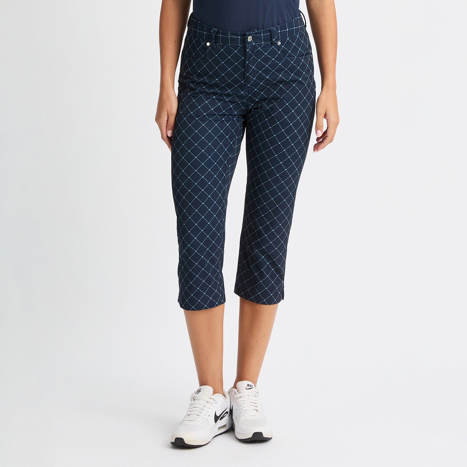 Rohnisch Ladies Lightweight Navy Golf Capris with Micro Logo Check Print