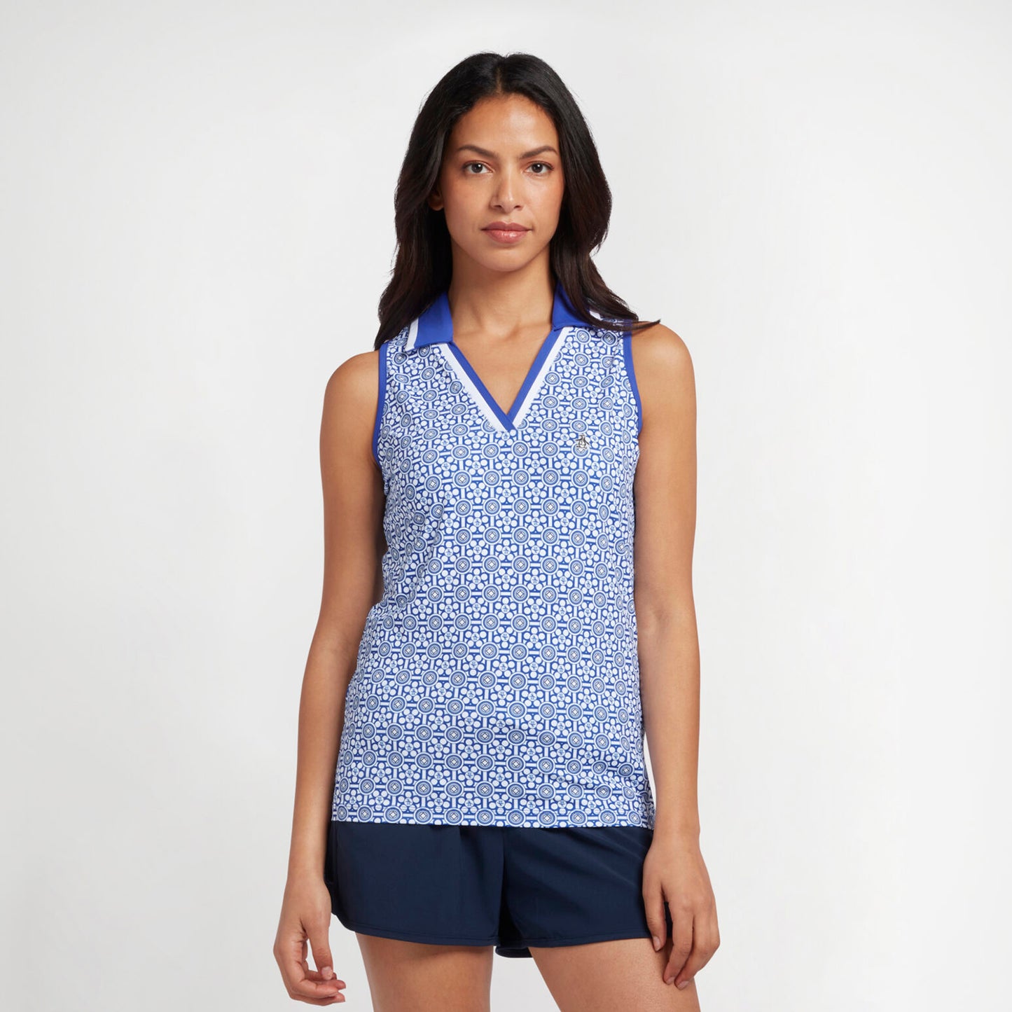 Original Penguin Ladies Sleeveless Geo Print V-Neck Polo Shirt - Last One Small Only Left