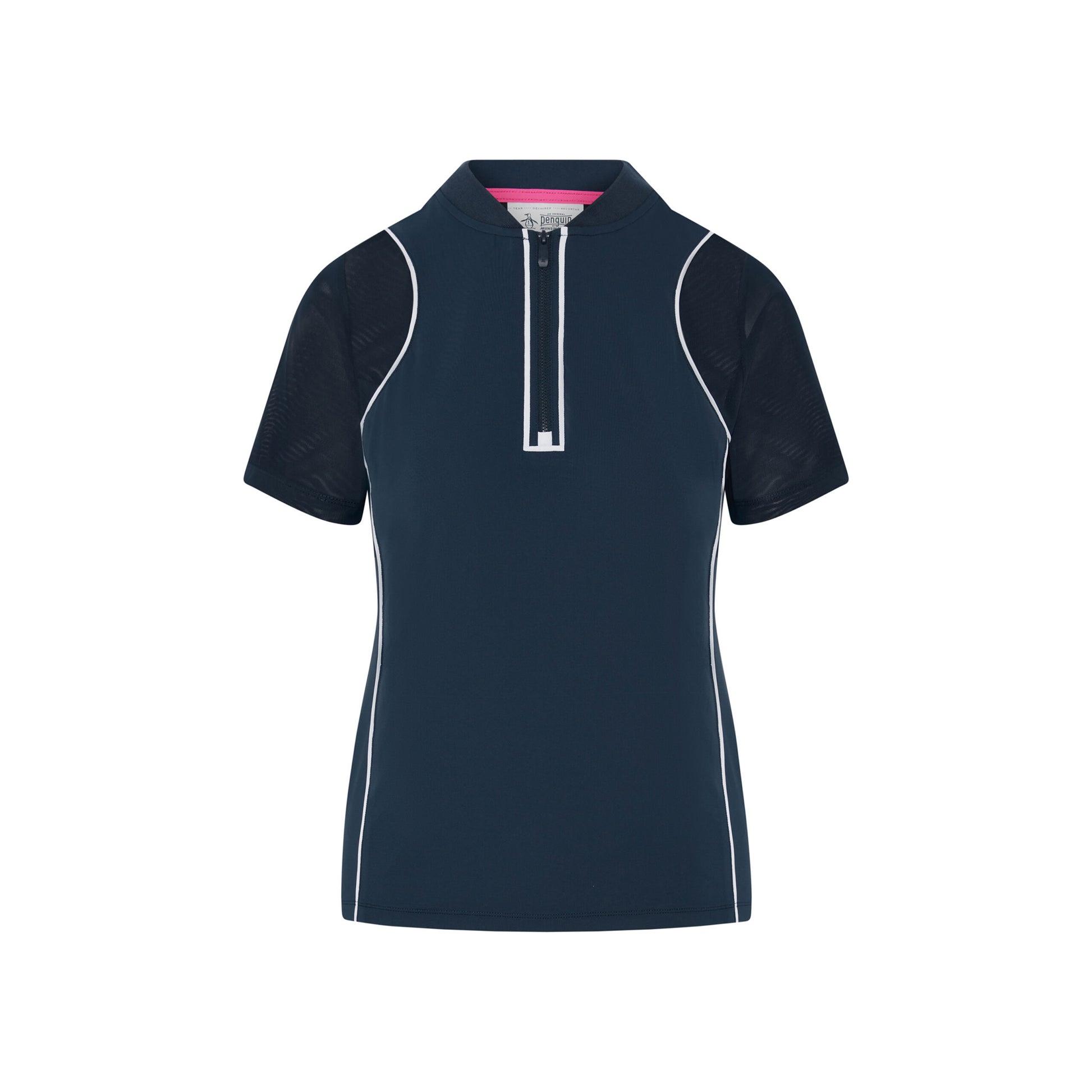 Original Penguin Ladies Navy Zip-Neck Short Sleeve Polo With Mesh