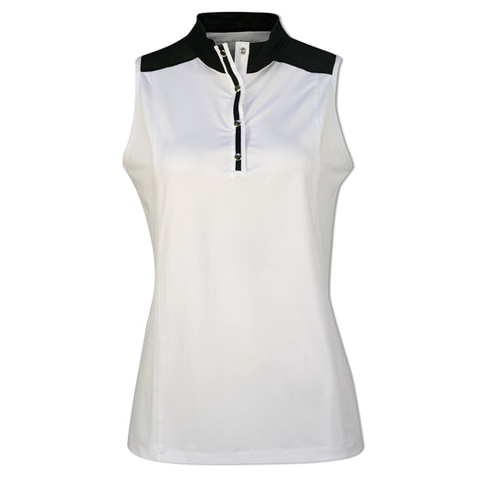 Swing Out Sister Sleeveless Polo with Popper Collar in White & Black Trim