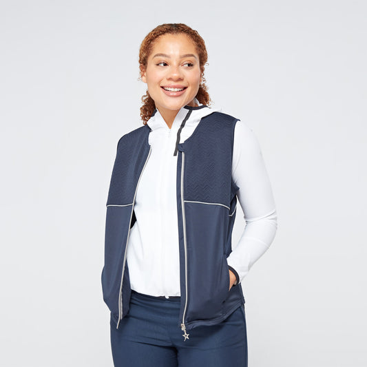 Swing Out Sister Women's Collarless Soft-Stretch Gilet in Navy Blazer