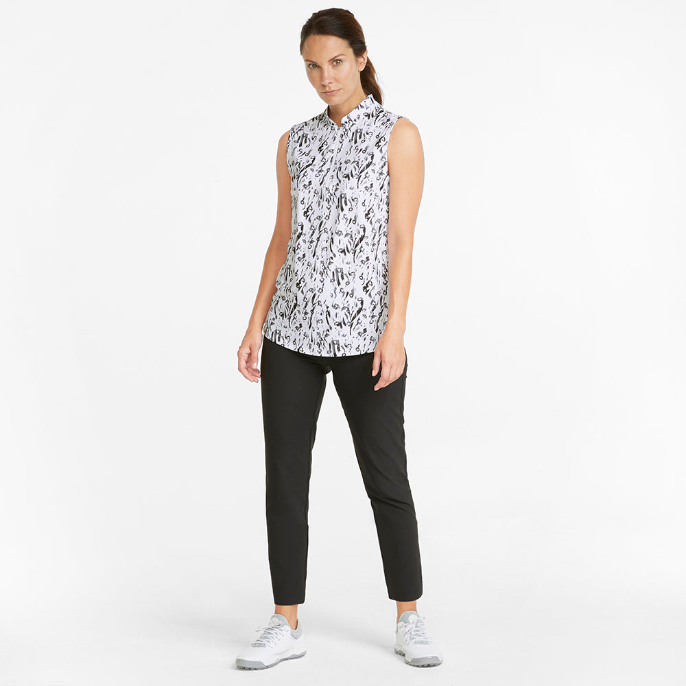 Puma Ladies Cloudspun Animal Print Sleeveless Polo in White & Black