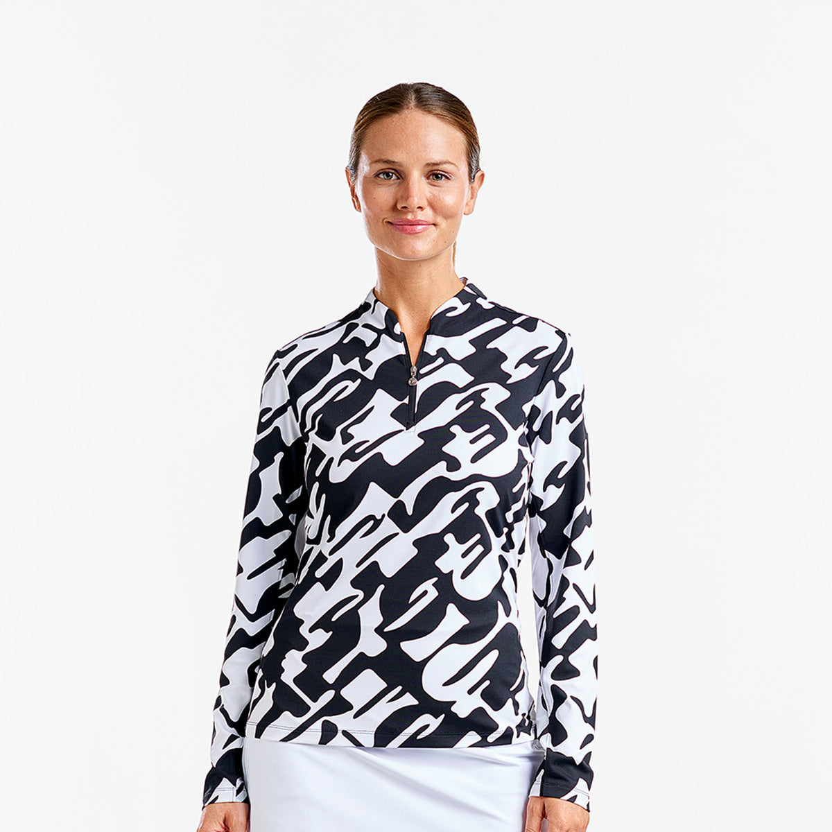 Nivo Ladies Long Sleeve Golf Polo in Black & White Abstract Print 