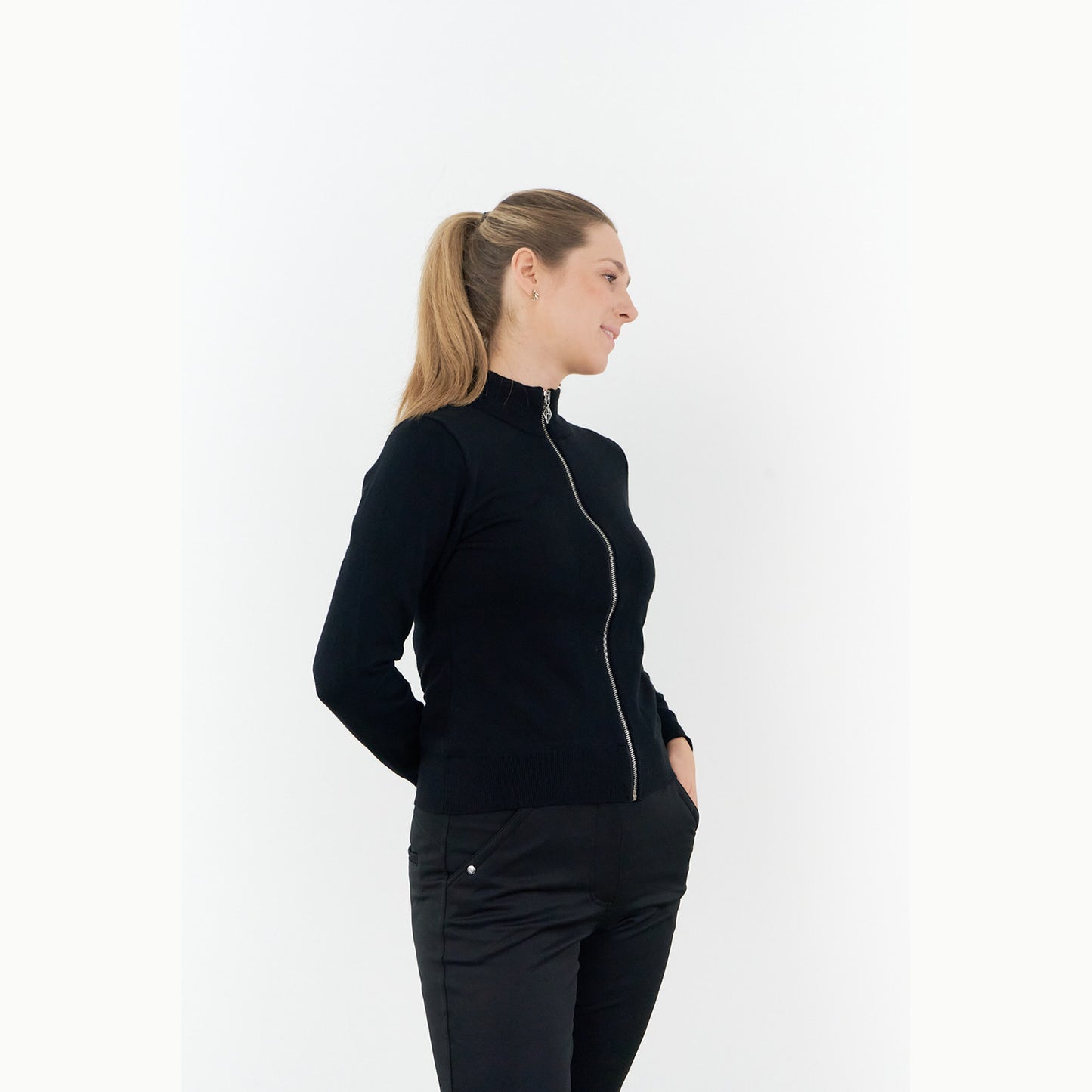 Pure Ladies Full Zip Lined Sweater in Black