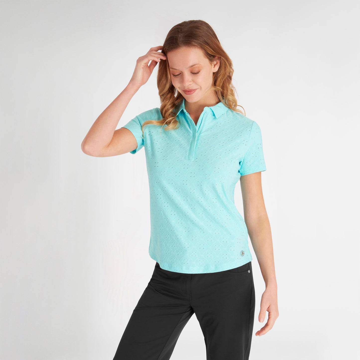 Green Lamb Women's Broderie Anglaise Pattern Polo in Aqua - Last One Size 8 Only Left