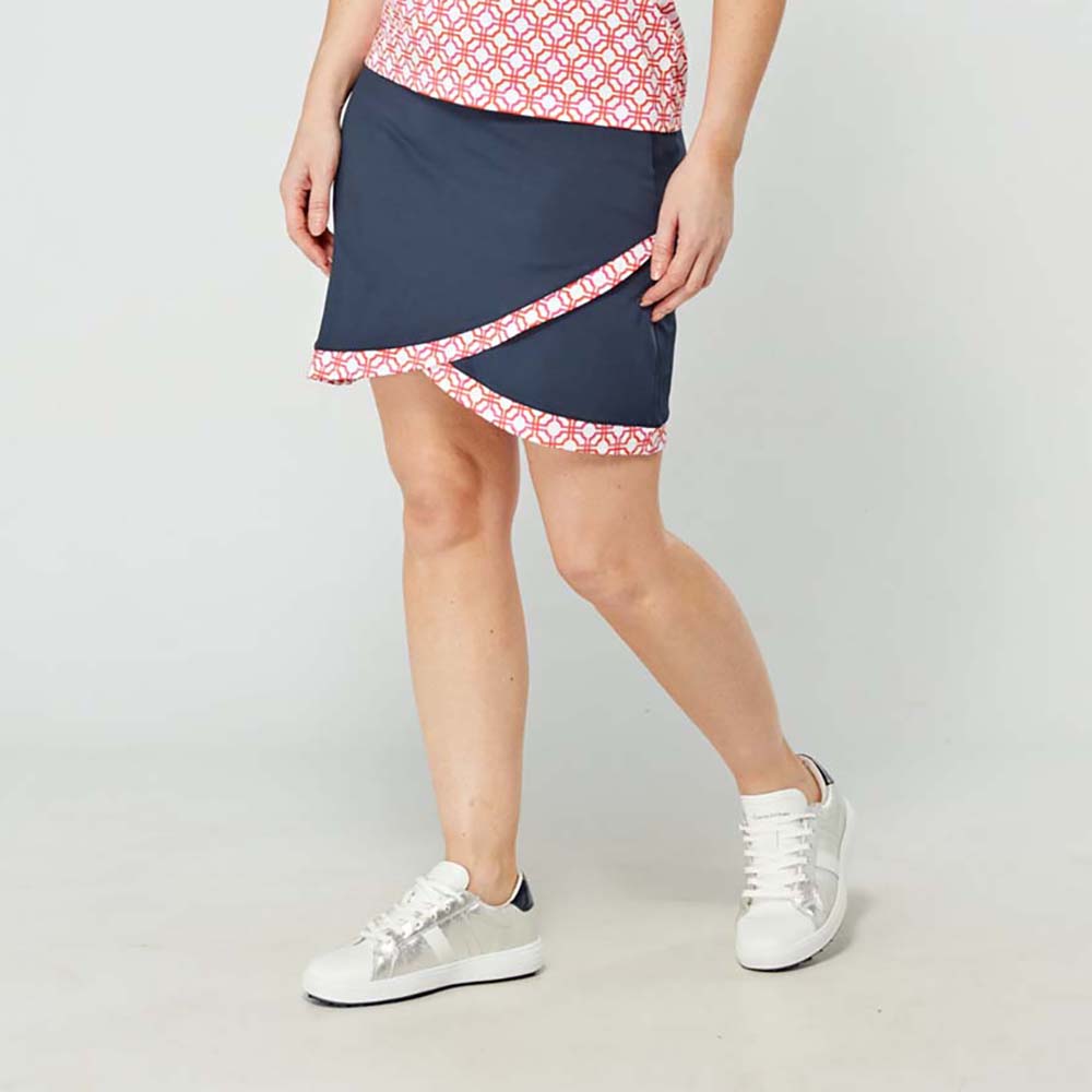 Swing Out Sister Ladies Navy Pull-On Scalloped Skort with Lush Pink and Mandarin Print Trim