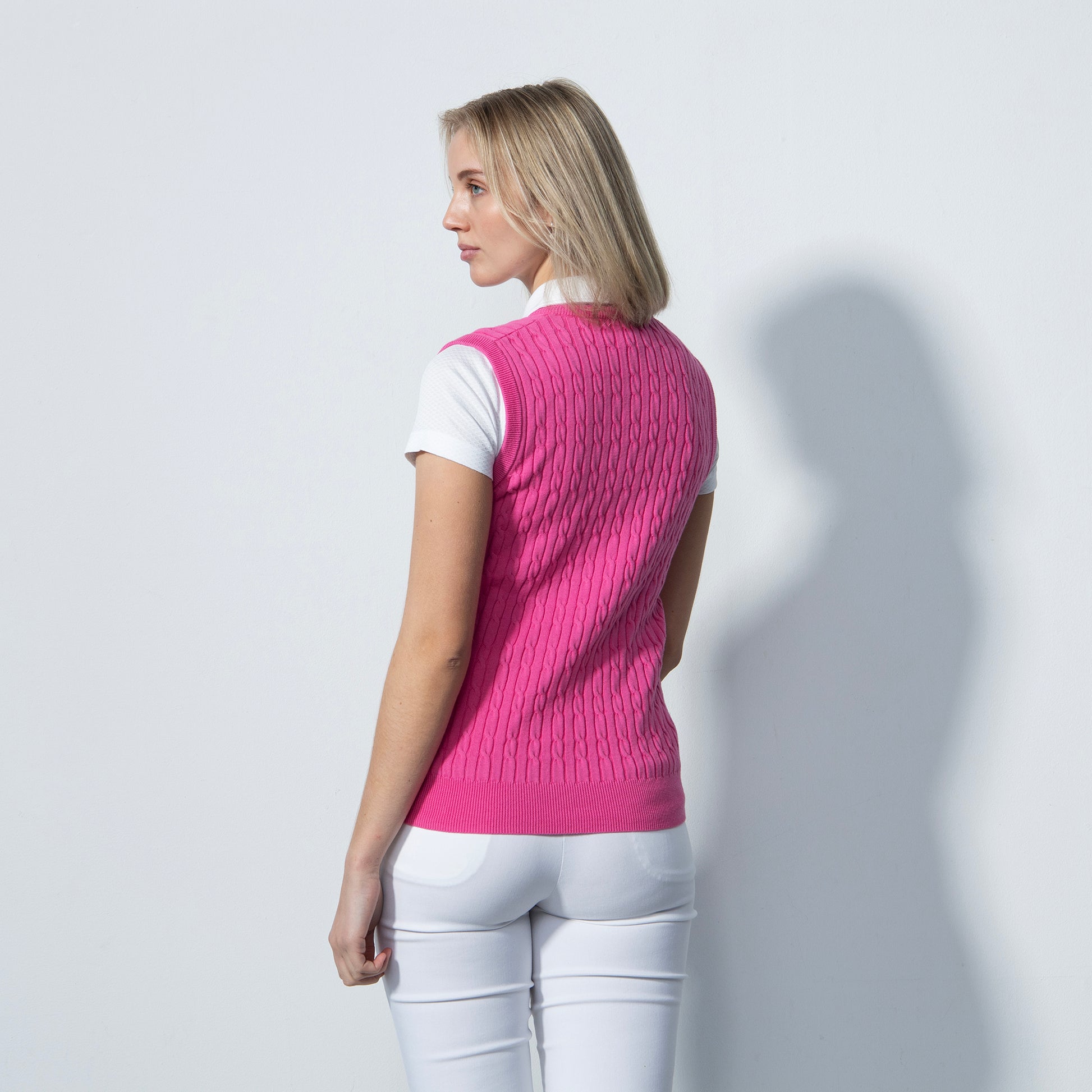 Daily Sports Ladies Cable Knit Sleeveless Sweater in Pink Sky 