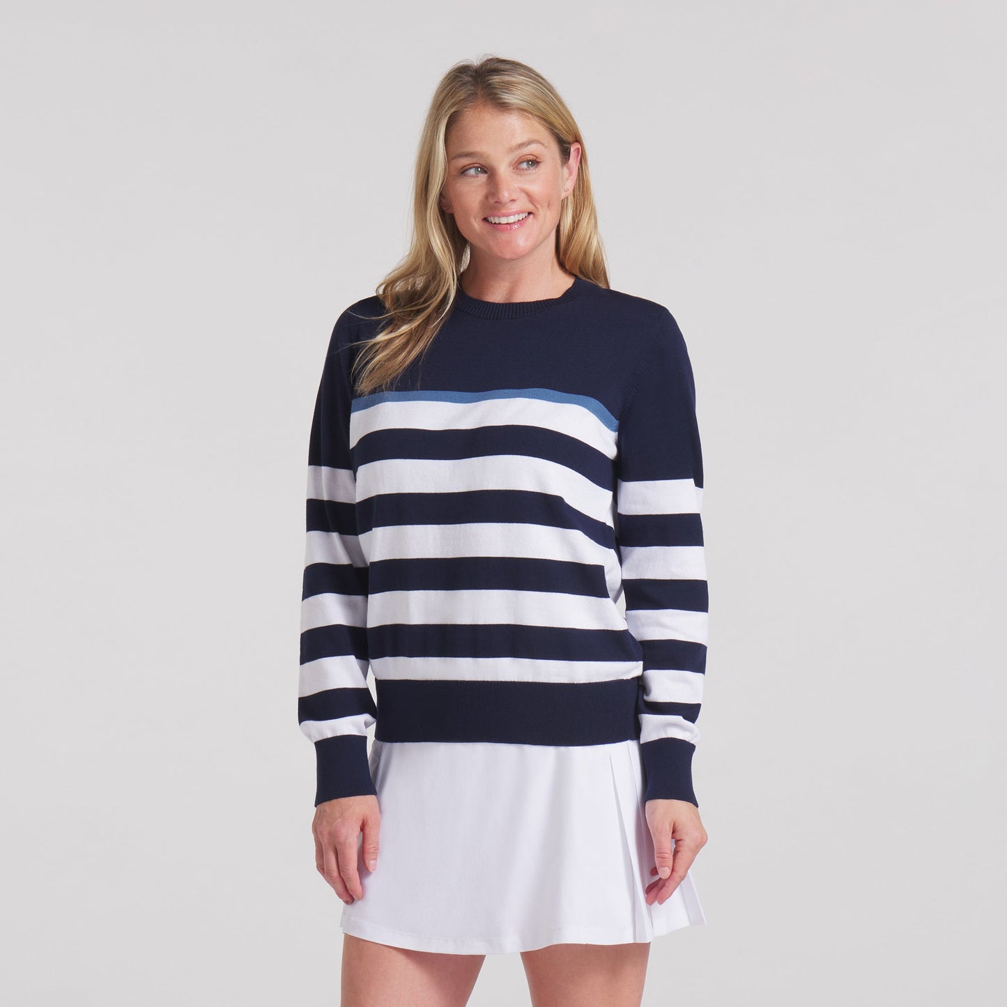 Puma Golf Ladies Crew Neck Stripe Sweater in Navy & White