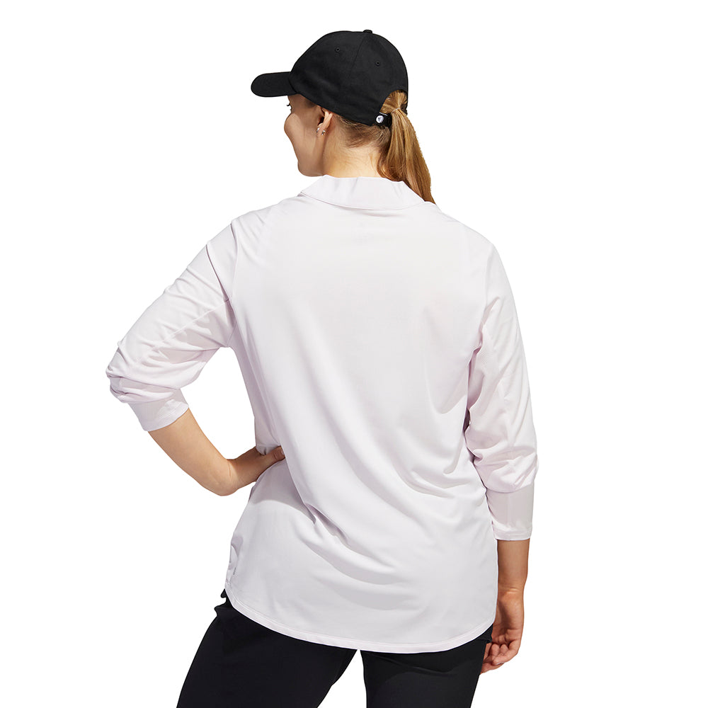 adidas Ladies Plus Size Long Sleeve Polo with Mesh Panels in Almost Pink