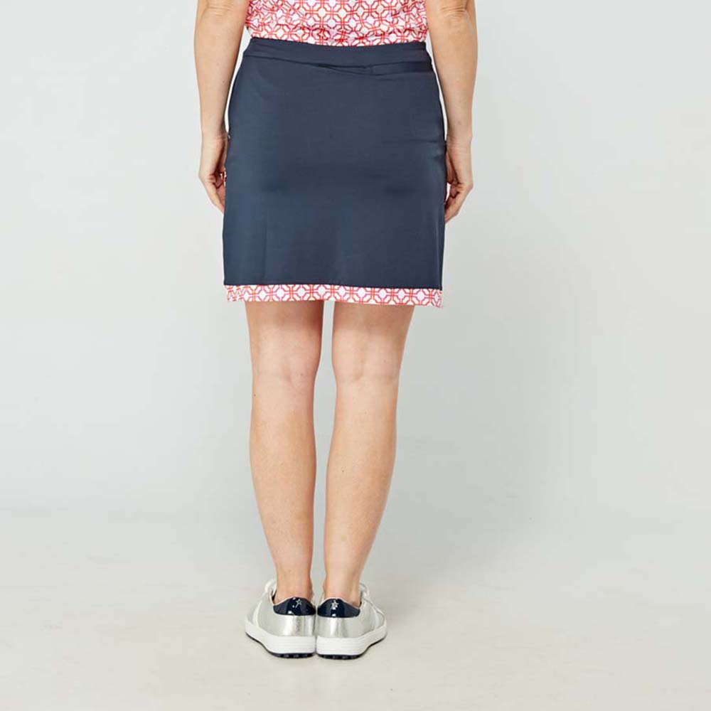 Swing Out Sister Ladies Navy Pull-On Scalloped Skort with Lush Pink and Mandarin Print Trim