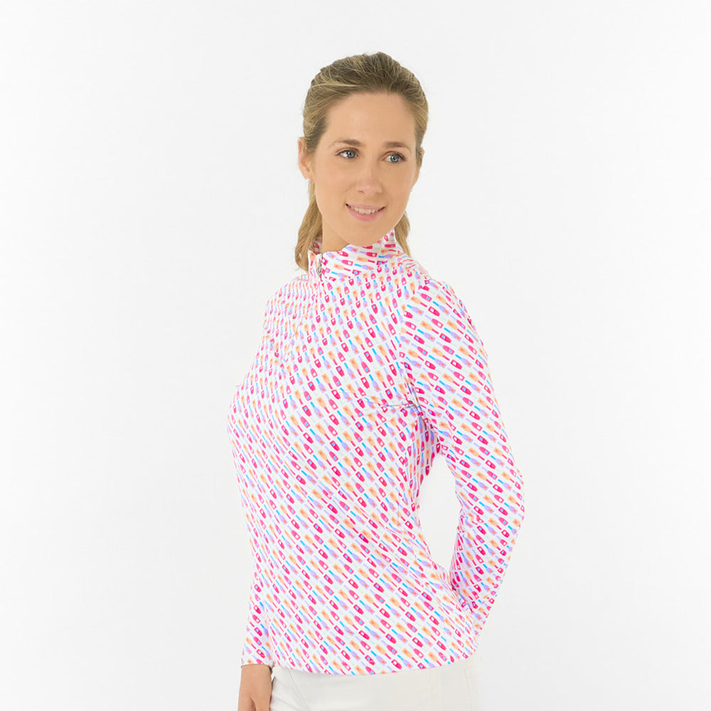 Pure Ladies Long Sleeve Top in Fun Bottle Print for Playful Style & All-Day Comfort