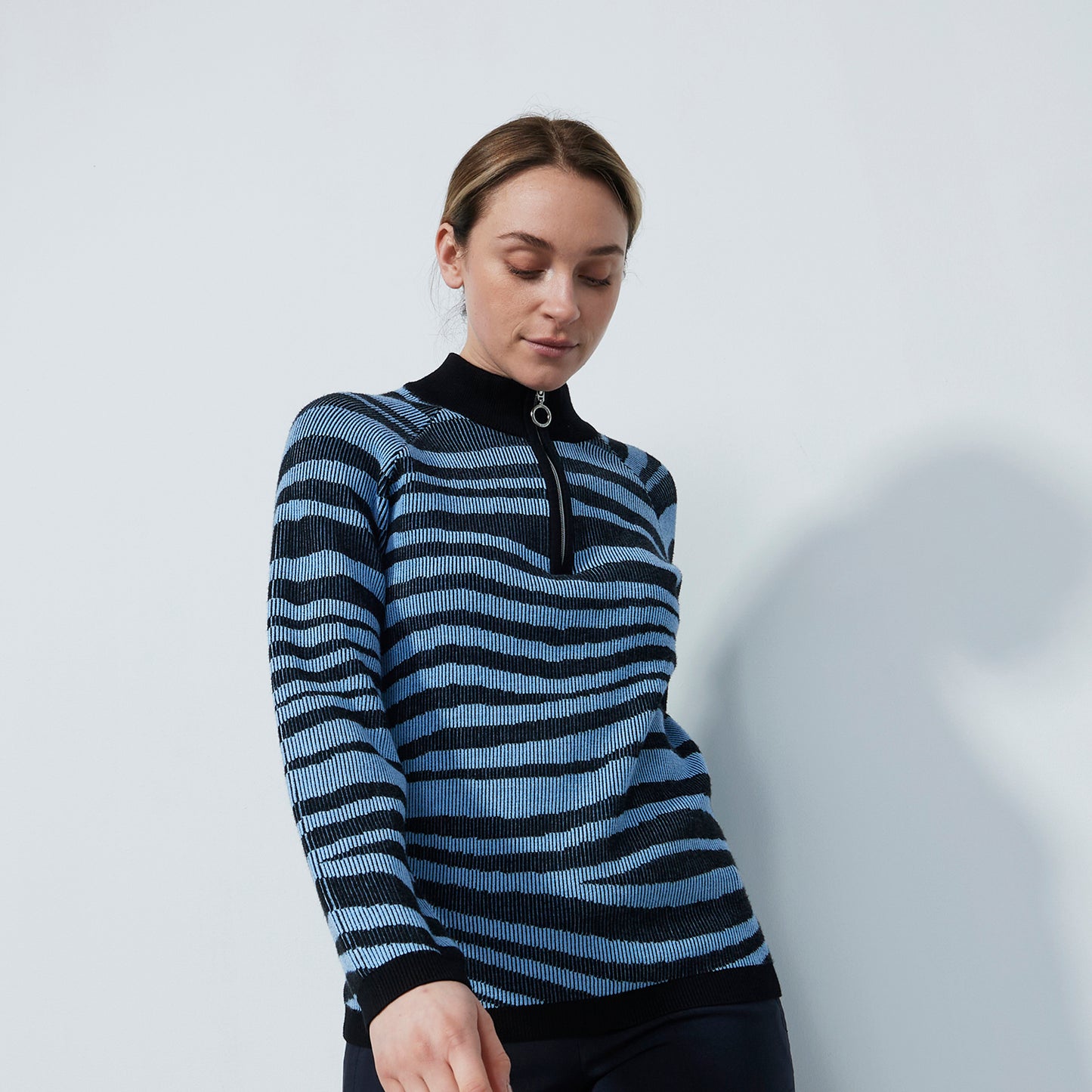 Daily Sports Ladies Zip-Neck Ribbed Knit Sweater with Zebra Stripes in Black