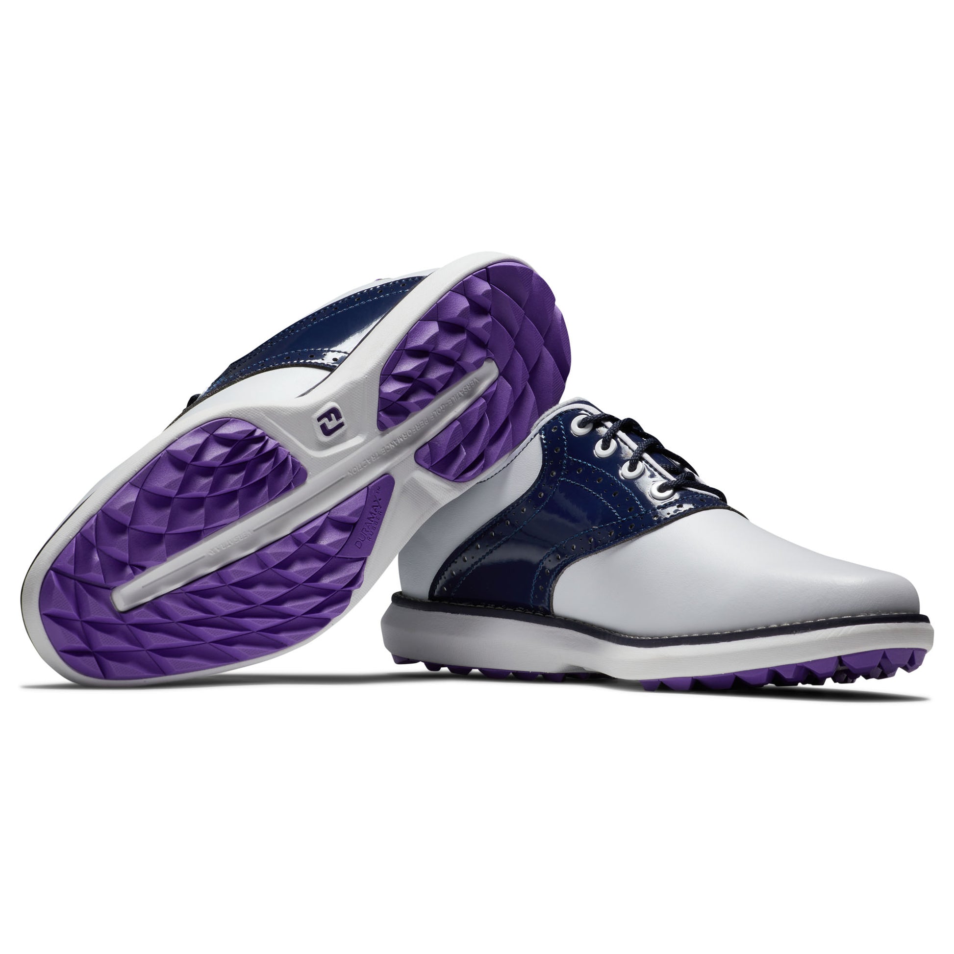 FootJoy Ladies Wide Fit Waterproof Spikeless Traditions Shoes in White, Navy & Purple