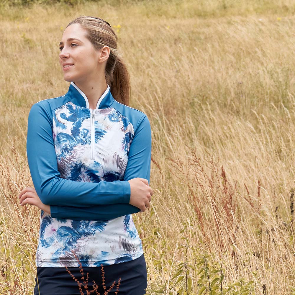 Pure Golf Ladies Long Sleeve Zip-Up Polo in Stone Canvas and Petrol Blue