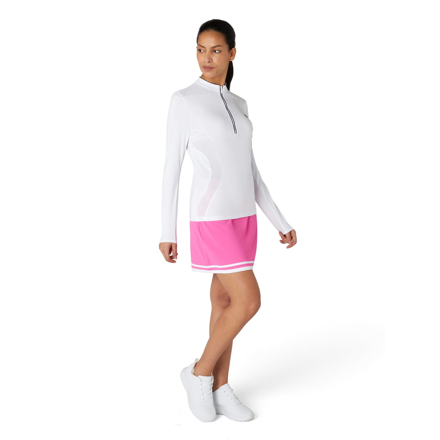 Original Penguin Women's Zip-Neck Top with Mesh Panels in Bright White