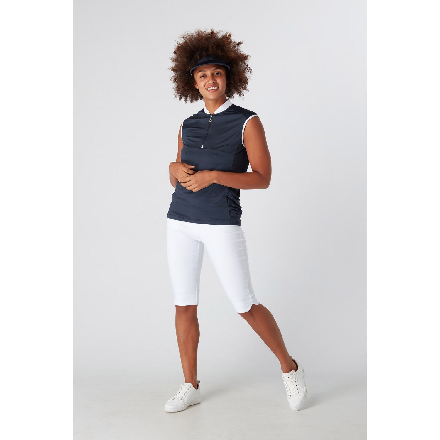 Swing Out Sister Ladies Cap Sleeve Polo with Ruched detail in Navy Blazer