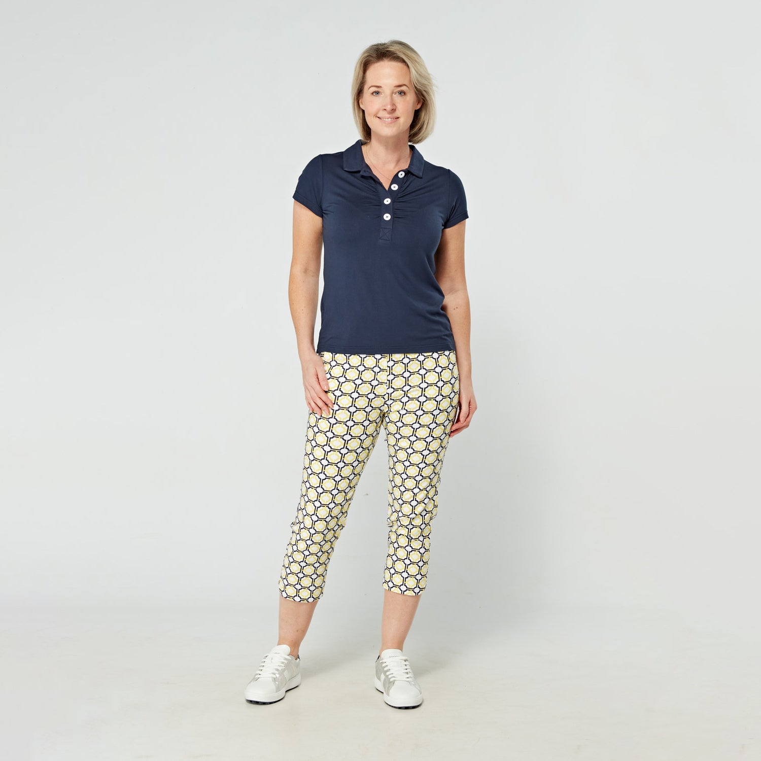 Swing Out Sister Women's Pull-On Capris in Navy and Sunshine with Mosaic Pattern