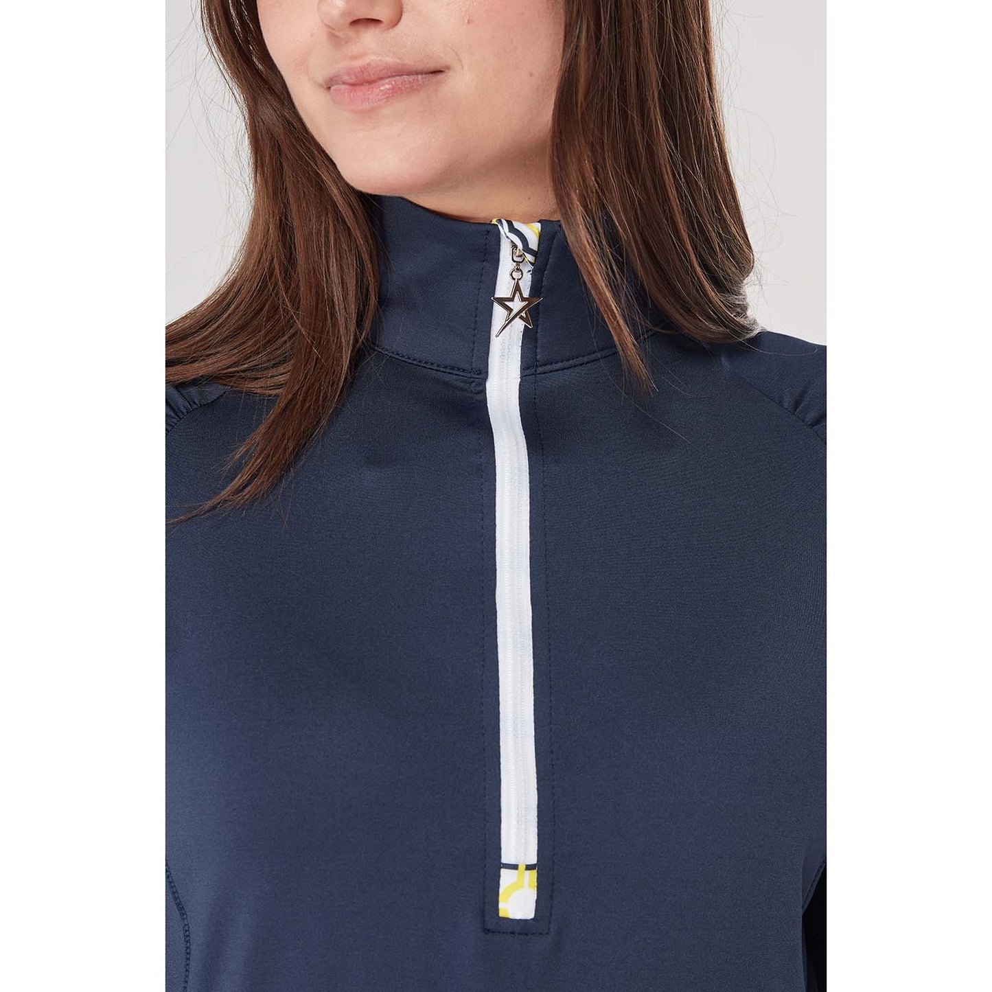 Swing Out Sister Women's Zip-Neck Top in Navy and Sunshine