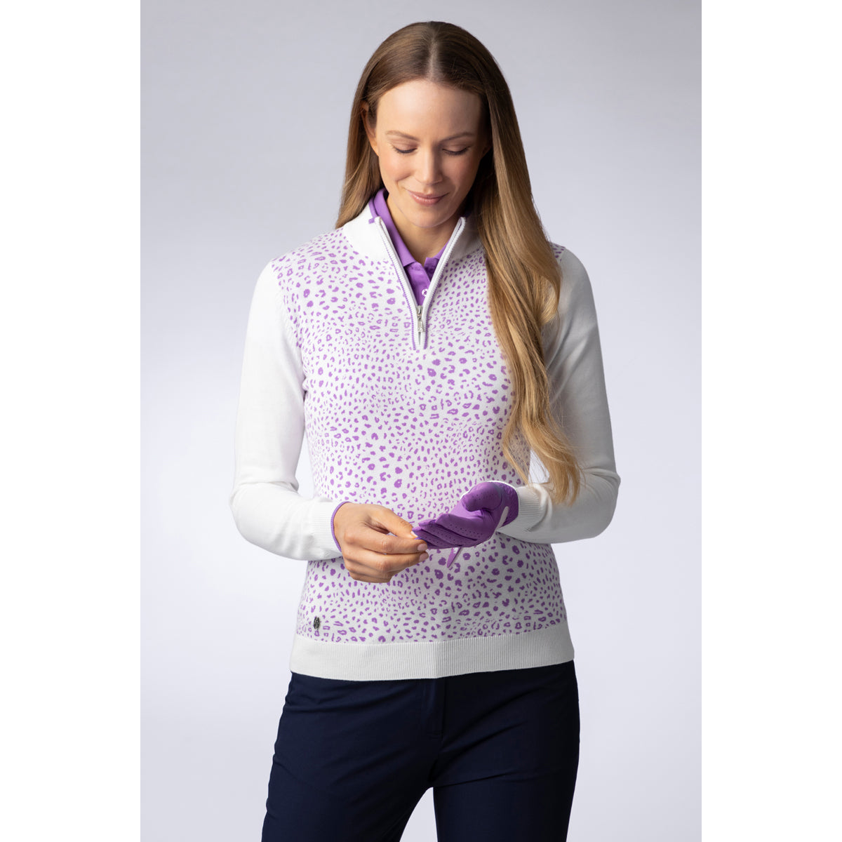 Glenmuir Ladies Long Sleeve Cotton Sweater with Animal Print Detail in White/Amethyst