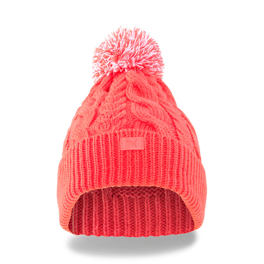 Puma Ladies Cable Knit Pompom Beanie in Carnation Pink & Bright White