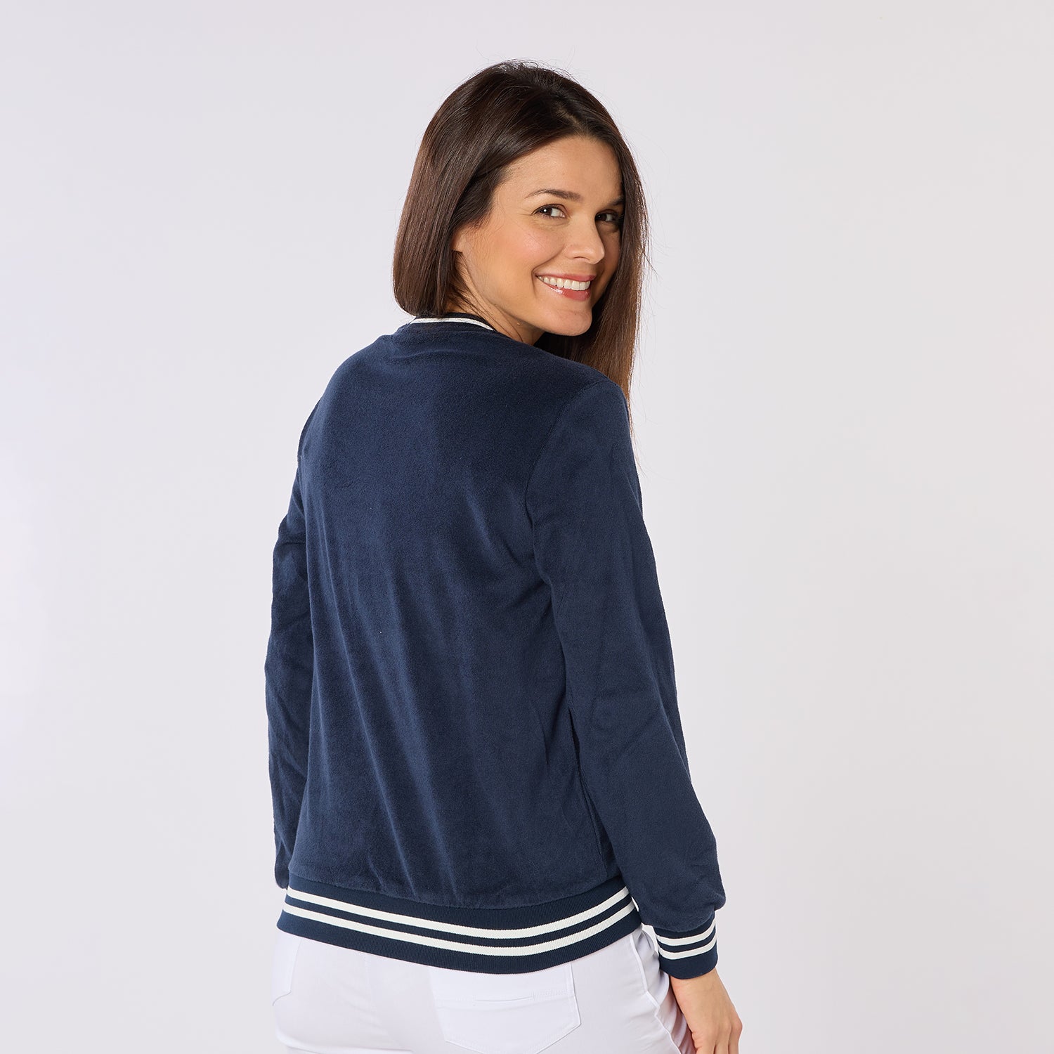 Swing Out Sister Ladies Fun Towelling Logo Sweater For Effortless Everyday Style in Navy