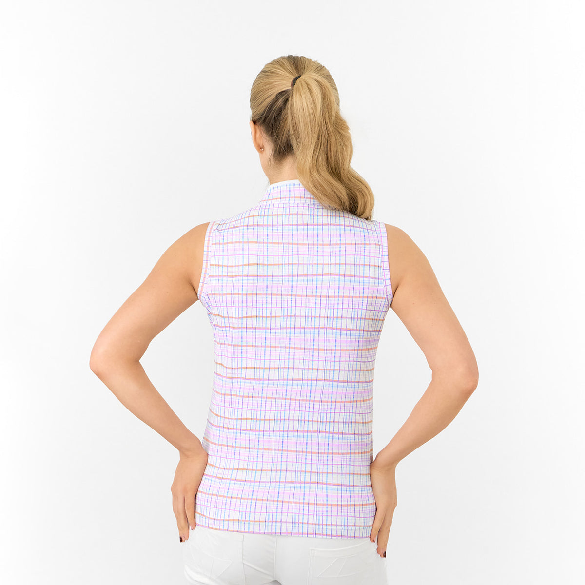 Pure Golf Ladies Sleeveless Polo Shirt in Pastel Check Print