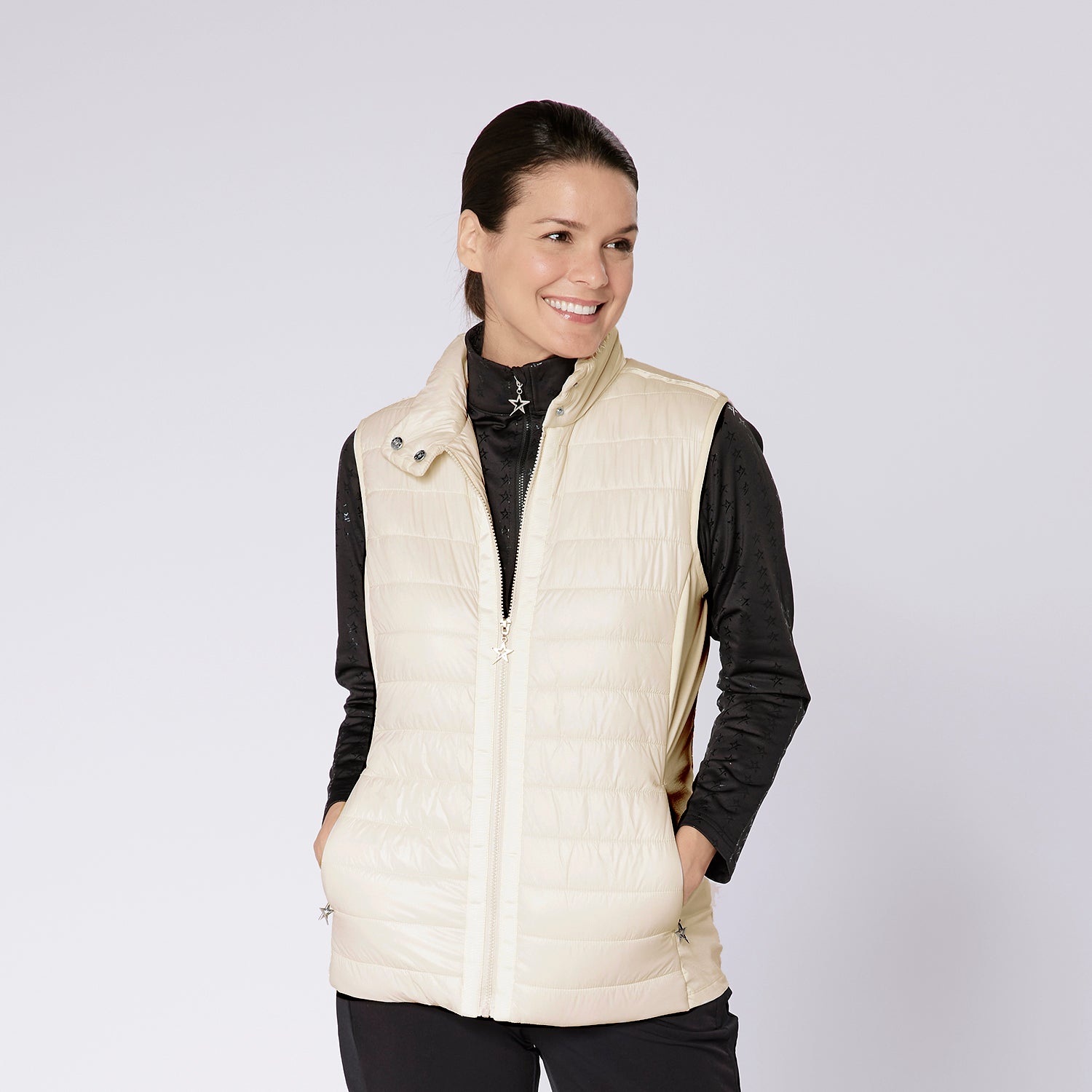 Swing Out Sister Ladies Quilted Gilet with Soft Sheen Finish and Stretch Side Panels