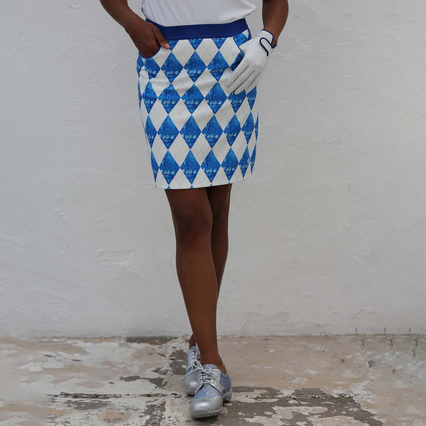 Famara Ladies Pull-On Golf Skirt in Harlequin Blue Lagoon