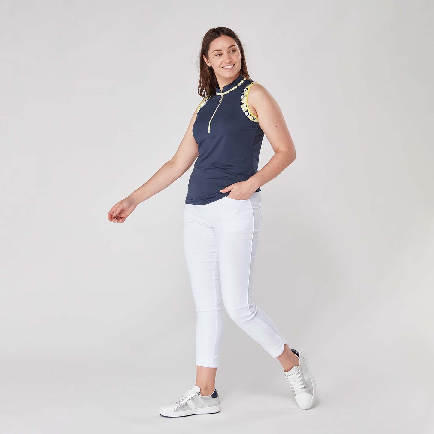 Swing Out Sister Women's Zip Neck Sleeveless Polo in Sunshine and Navy